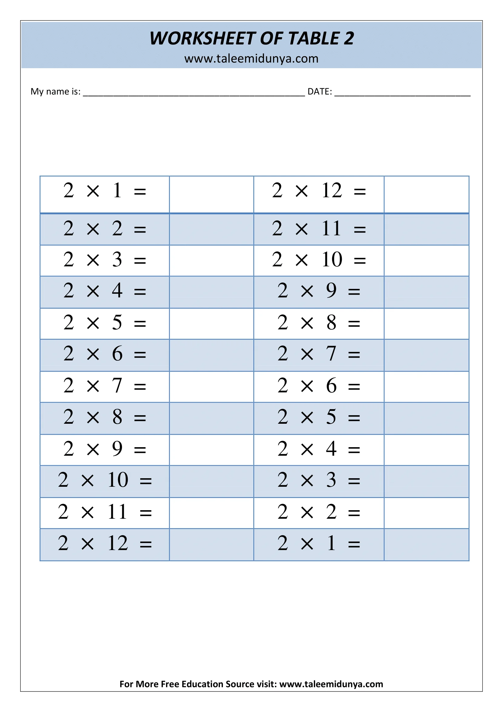 table of 2